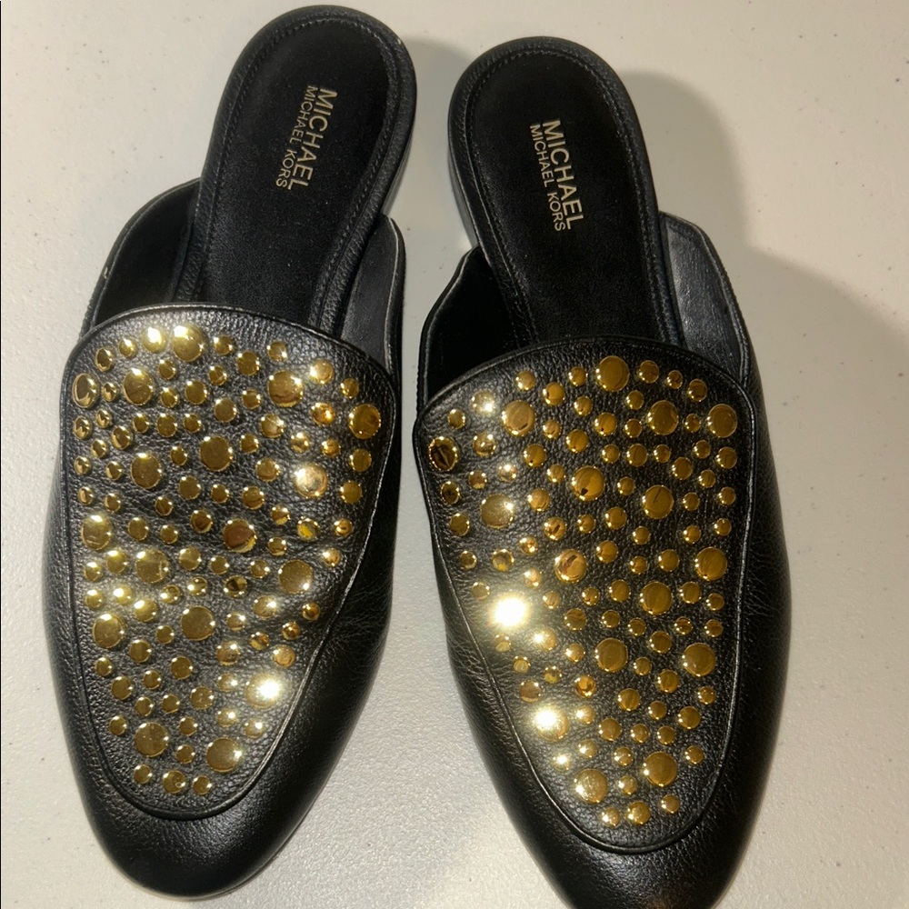 Michael Kors Black and Gold Studded Mules